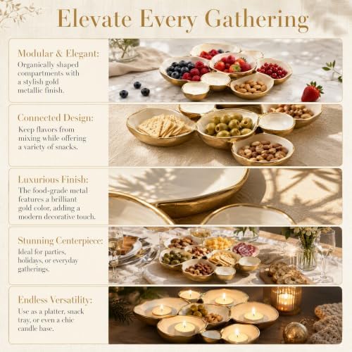 Gold Modular Bowl Set, Cluster Snack Serving Dish, Food Grade and Space Saving, Multi-Compartment Party Platter for Appetizers, Nuts, Wedding and Home Decor (White (1PCS)) - Image 2