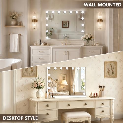 Ratsamee Hollywood Vanity Mirror with Lights, 23" x 18", 15 Dimmable Bulbs, 3 Color Lights, Make Up Lighted Mirror, USB Charging Port, Gifts for Women Wife Teengirls White - Image 4