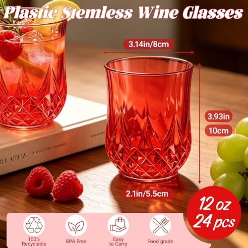 24 Pack Plastic Stemless Wine Glasses, 12oz Unbreakable Wine Cups - Image 2