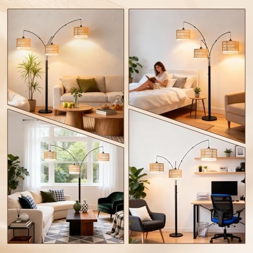 Black Arc Floor Lamp for Living Room, Boho Floor Lamp with Stepless Dimmable Switch, Rattan Standing Lamp with Wicker&Fabric Shade, Farmhouse Tall Lamp for Bedroom Over Couch Corner Reading - Image 7