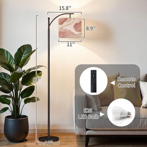 Arc Floor Lamp Pink Marble Rose Gold Dimmable Modern Standing Lamp with Remote Adjustable Drum Shade Footswitch Tall Pole Lamp for Living Room Bedroom - Image 2