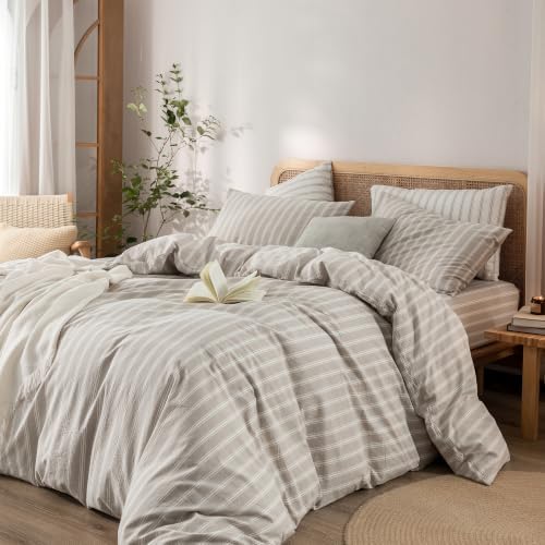 BESTOUCH Striped Cotton Duvet Cover Set Linen Feel Super Queen - Image 6
