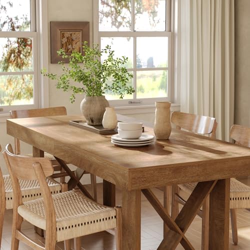 LITTLE TREE 63-Inch Dining Table for 4 People, Farmhouse Thick Appearance Design, Rustic Rectangle Kitchen Dinner Table for Dining Room, Living Room, Yellowish Brown - Image 5