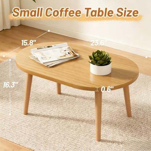 Small Coffee Table, Low Table with Solid Wood Legs, 23.6" Mini Oval Accent Table Side End Table, Floor Table Desk for Sitting on The Floor, Coffee Tea Table for Living Room, Dorm, Apartment, Natural - Image 2