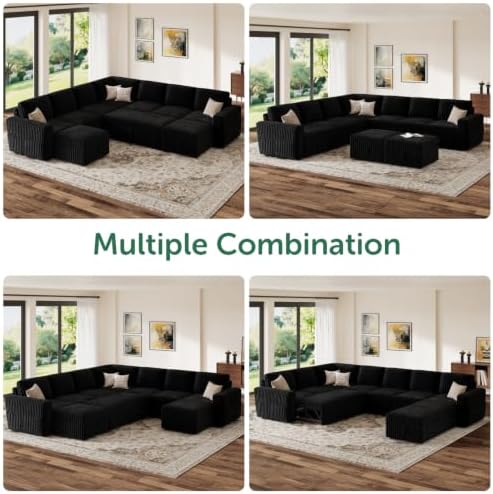 HONBAY Modular Sectional Sleeper Sofa with Pull Out Bed Oversized Corduroy L Shaped Sofa Bed with Storage Couches for Living Room,Black - Image 6