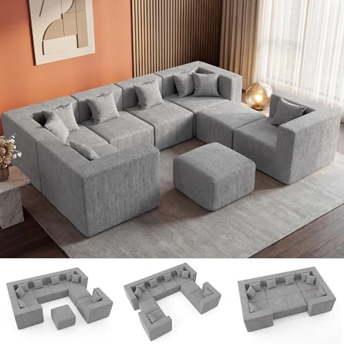 MONVANE Modular Sectional Sofa, Oversized 8 Seat Convertible U Shaped Couch with Ottoman, Comfy Chenille Cloud Couch with Deep Seat, Sectional Couches for Living Room, No Assembly Required, Light Grey by MONVANE