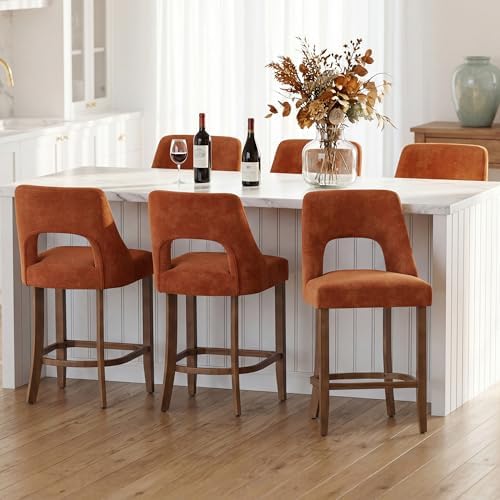 UVV Bar Stools Set of 6, Upholstered Counter Height Bar Stools, Modern Counter Stools with Wood Legs for Kitchen Island Dining Room Bar, Orange by UVVLivetheQualityLife