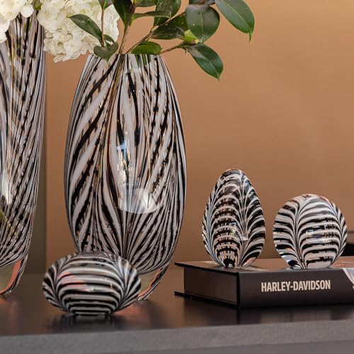 Murano Style Glass Vase Hand Blown Black and White Feather Pattern Effect - Image 3
