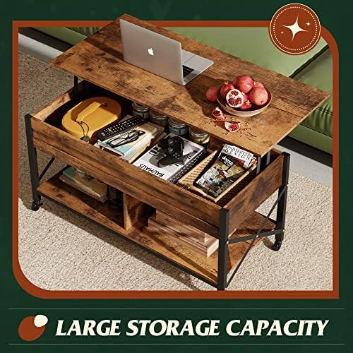 WLIVE Coffee Table Rustic Brown, 41.3" Lift Top Coffee Table with 4 Wheels - Image 6