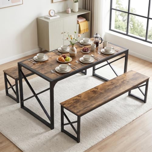 VECELO 55" Kitchen Dining Table Set for 4, Heavy-Duty Steel Frame & Wood-Grain Tabletop, Space-Saving Dinette Sets with 2 Benches for Breakfast Nook and Small Space, Brown by VECELO