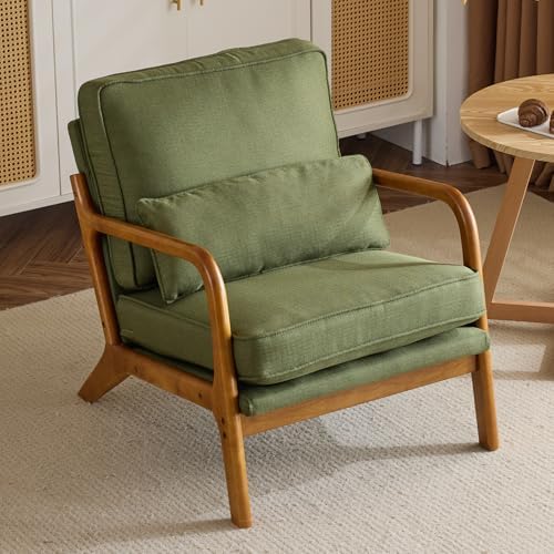Bonnlo Dark Green Linen Mid Century Modern Accent Chair, Soild Wood Padding Lounge Armchairs Side Sitting Chairs for Living Room, Bedroom, Guest Room - Image 5