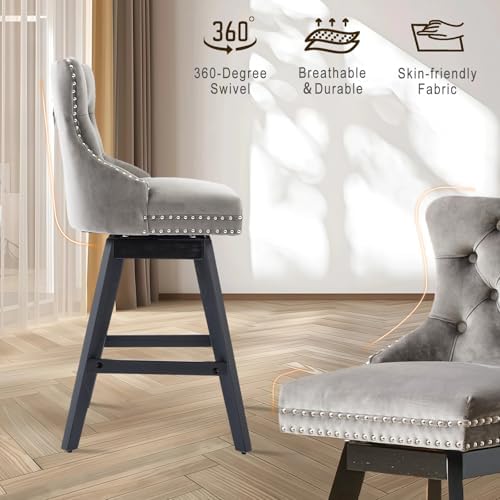 SoarFlash Kitchen Swivel Bar Stools with Solid Wood Legs Upholstered Counter Stools Set of 6, Grey - Image 6