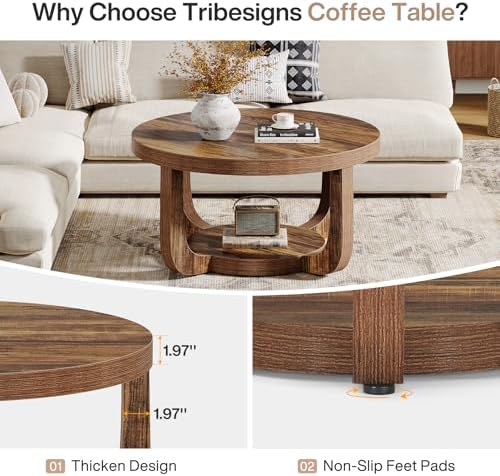 Tribesigns Round Coffee Table, 2-Tier Circle Coffee Table with Storage, Modern Wooden Accent Center Table for Living Room, Thick Tabletop & Base, Dark Brown - Image 5