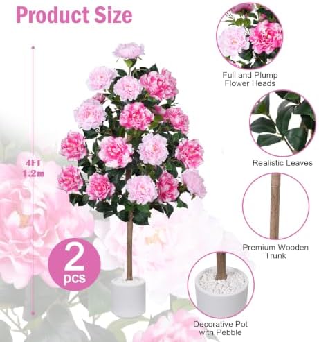 2 Pack 4FT Artificial Peony Tree, Fake Pink Trees for Outdoors Decor - Image 3