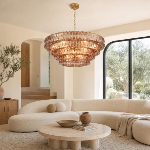 36-Inch 4-Tier Smoke Gray Glass Chandelier, 12-Light Brass Chandelier - Image 6