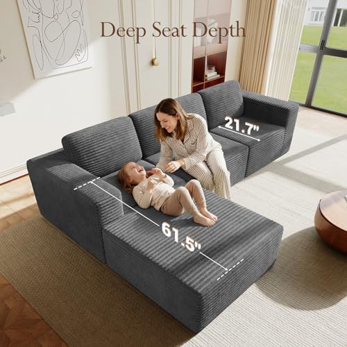 Vesgantti 119" L-Shaped Modular Sectional Sofa, Corduroy Cloud Couch with Deep Seating & Spring Support, Flexible Layout Sofa with Ottoman, Boneless Style, No Assembly Required, Grey - Image 5
