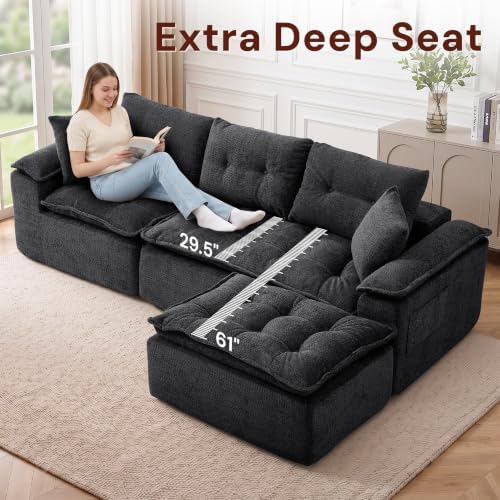 Korser 110" Cloud Sectional Boneless Couches for Living Room, Modern Modular Sectional Sofa with Ottoman, Cloud Couch with Comfy Deep Seats, Tufted Chenille L-Shape Sofa Couch for Living Room, Black - Image 4