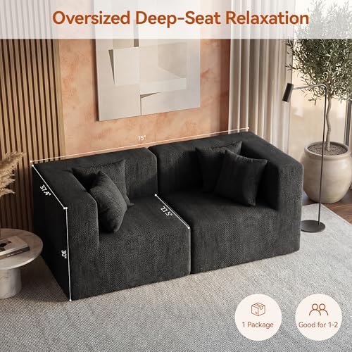 MONVANE 75" Loveseat Sofa, Comfy Chenille Modular Sectional Sofa with 4 Pillows, Modern Deep Seat Boneless Couch, 2 Seater Sofa for Living Room, Bedroom and Apartment, Black - Image 3