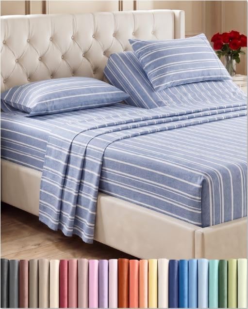 Flex Top Split Head King 4 Piece Sheet Set - Soft & Cooling - Blue Stripes by CGKUnlimited