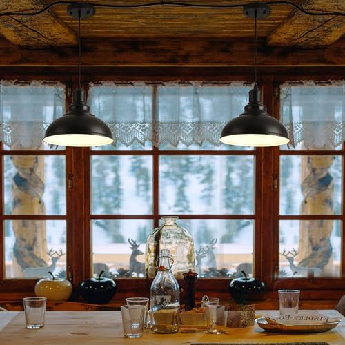 2PCS Matte Black Pendant Lights, Farmhouse Pendant Lamp with Metal Shade (White Inside), Industrial Pendant Lighting for Kitchen Island, Dining Room, Bedroom, Hallway, 316-2 - Image 5