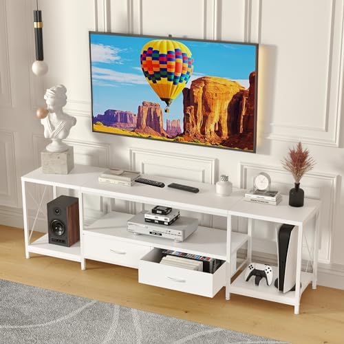 GYIIYUO TV Stand with Fabric Drawers for 55 60 65 Inches TV - Entertainment Center and Industrial TV Console Table with Open Storage Shelves for Living Room, Bedroom - 55.1" White by GYIIYUO