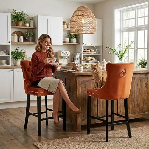 SoarFlash Modern Velvet Upholstered Bar Stools Set of 2 with Wood Legs, Button Tufted,Chrome Nailhead, Counterstool Seat, Armless Bar Chairs (Orange) - Image 3