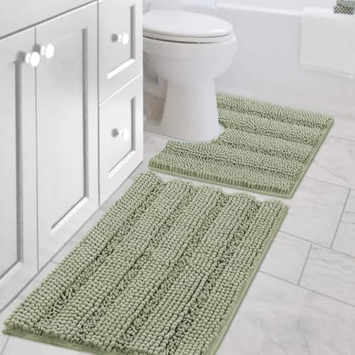 H.VERSAILTEX Bathroom Rug Sets 2 Piece Bath Mats Non Slip Thick Soft Chenille Striped Bath Rug achine Washable Shower Floor Rugs for Tub, Shower and Floor (Eucalyptus Green, 20"x32" Plus 20"x20" U) by HVERSAILTEX