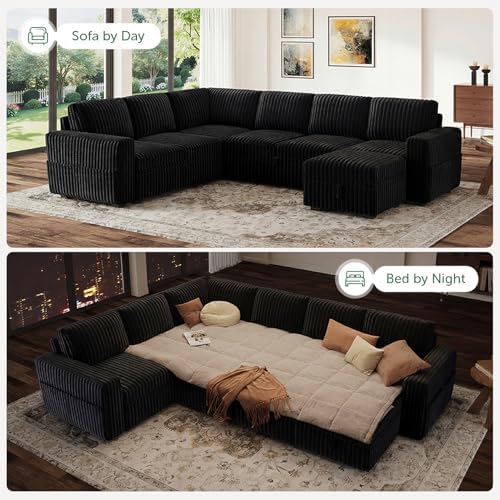 HONBAY Modular Sectional Sleeper Sofa with Pull Out Bed,Corduroy U Shaped Couch with Storage, Sectional Couches for Living Room,Black - Image 4