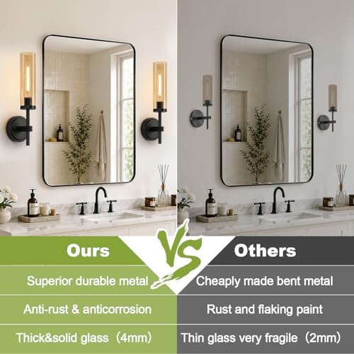 MOKATNG Hardwired Wall Sconces Set of Two, Matte Black Bathroom Sconces with Amber Glass, Modern Wall Light Fixtures for Bathroom Mirror Vanity, Living Room, Hallway, Stairway, Cabinet, Foyer - Image 2