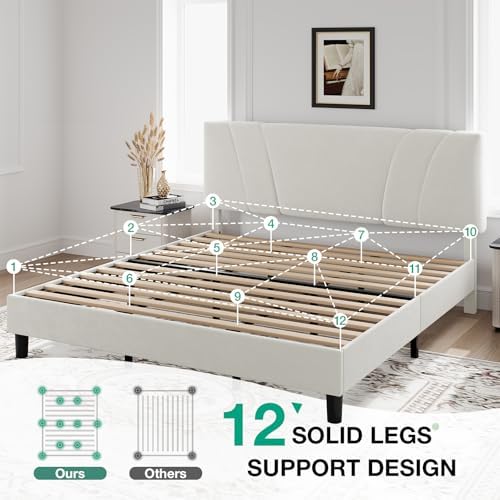 Novilla King Bed Frame and Headboard, King Bed Frame, Velvet Upholstered Bed Frames, No Box Spring Needed, Heavy Duty Feet, Easy Assembly, White Velvet - Image 5