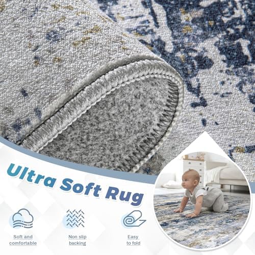 pmtsns Area Rugs 10x14 Living Room: Washable Rug Modern Abstract Neutral Soft Non-Slip Low-Pile Indoor Large Carpet for Bedroom Dining Room Playroom Home Office (Blue Grey Brown, 10'x14') - Image 3