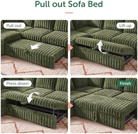HONBAY Plush Corduroy Modular Sectional Sofa with Pull Out Bed, Convertible U Shaped Couch with Storage,Sleeper Sectional Couches for Living Room,Plush Green - Image 5