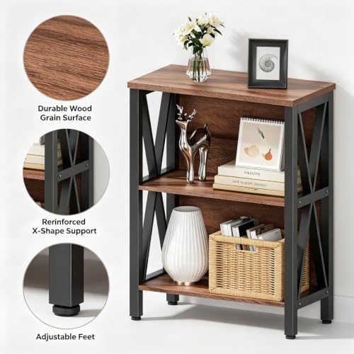HOMISSUE Book Shelf, 3 Tier Long Bookshelf with Storage, Engineered Wood and Metal Shelf Bookcase, Low Short Bookcases for Small Space, Living Room, Bedroom, Office, Rustic Brown - Image 4