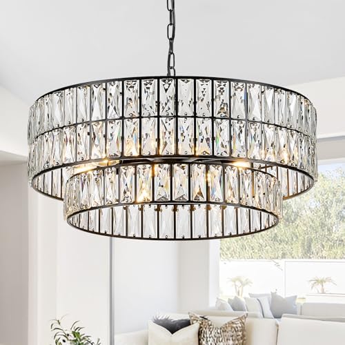 CATINER Black Crystal Chandelier 24" 8-Light Modern Semi Flush Pendant by CATINER