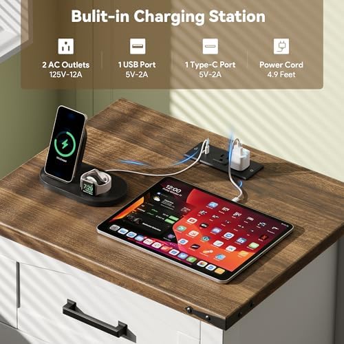 Decofy Farmhouse Nightstand with Charging Station, 3 Drawers - Image 4