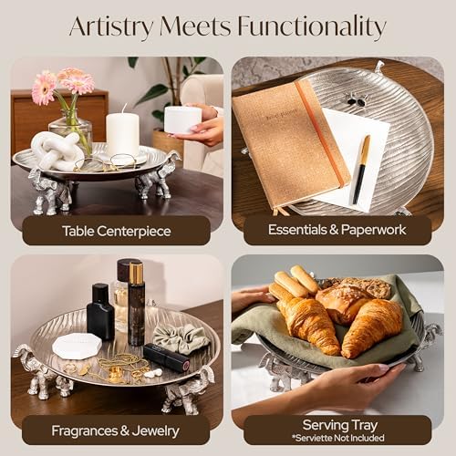 Silvery Tray with Elephant Stand - Round Decorative Aluminum Coffee Table - Image 4