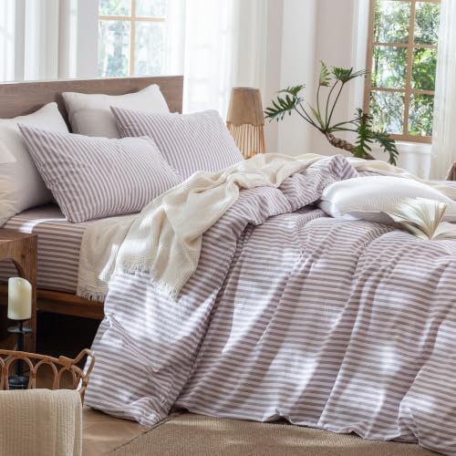 MooMee Striped Duvet Cover Set 100% Washed Cotton Linen Like King - Image 5