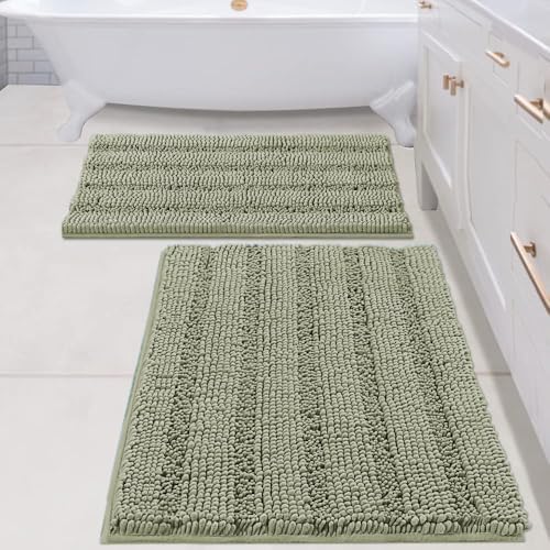 H.VERSAILTEX Bathroom Rug Sets 2 Piece Bath Mats Non Slip Thick Soft Chenille Striped Bath Rug achine Washable Shower Floor Rugs for Tub, Shower and Floor (Eucalyptus Green, 20" x 32"/24" x 36") by HVERSAILTEX