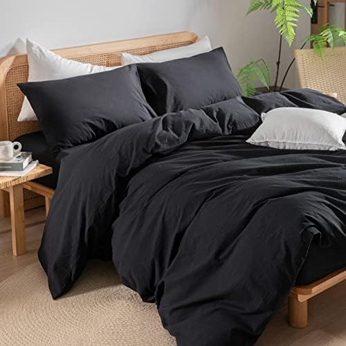 BESTOUCH Cotton Solid Duvet Cover Set Linen Feel Deep Black Queen - Image 5
