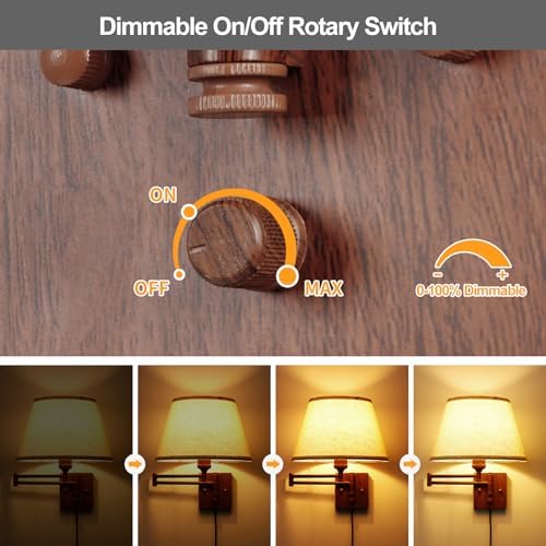 TRLIFE Dimmable Wall Sconce Plug in, Wall Sconces Set of Two Swing Arm Wall Lights with Plug in Cord and On/Off Dimmer Rotary Switch, 11.8" Large Beige Fabric Shade(2 Pack, Walnut Color) - Image 2