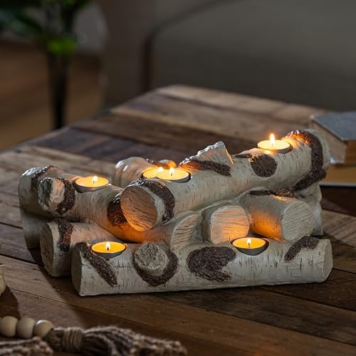 Plow & Hearth Faux Birch Fireplace Candle Holder, Resin Log Insert for Fireplace Decor, Holds 8 Fireplace Candles for Inside Fireplace, Cozy Living Room Fireplace Decorations - Image 5