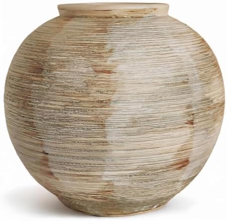 Rustic Ceramic Vintage Farmhouse Vase for Decor (Small Ribbed Beige) by RusticFarmhouseVaseforHome