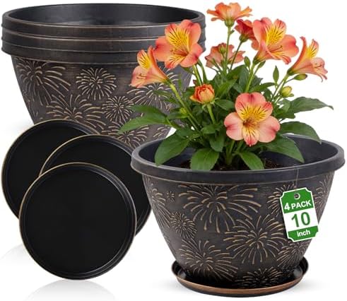 Nooulap 4 Pack 10 Inch Plant Pots Drainage Holes and Saucers by Nooulap