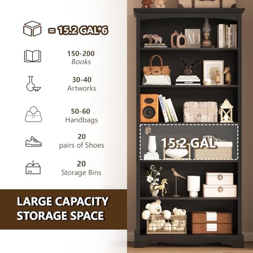 TVU 6-Tier Wooden Bookshelf, 76 Inch Tall Bookshelf with Storage, Floor Standing Modern Style Display Bookcase for Living Room, Office, Study Room, Entryway, Black - Image 5