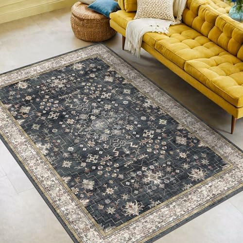 Black Modern Farmhouse 5x8 Area Rug for Living Room, Boho Large Entryway Rug, Dark Floor Carpet for Kitchen Under Small Dining Table, Bedroom - Washable Low Pile Waterproof Non Slip & Stain Resistance by HazoHaus