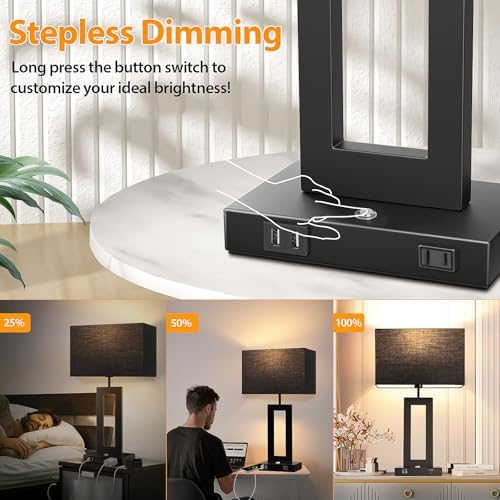 27.2’’ Tall Black Table Lamps for Living Room Bedroom, Bedside Touch Control Lamps with 2 USB Ports&AC Outlet, 3 Color Temp.&Stepless Dimming Desk Lamp Sets for Home Office, Pre-assembled Black Shade - Image 3