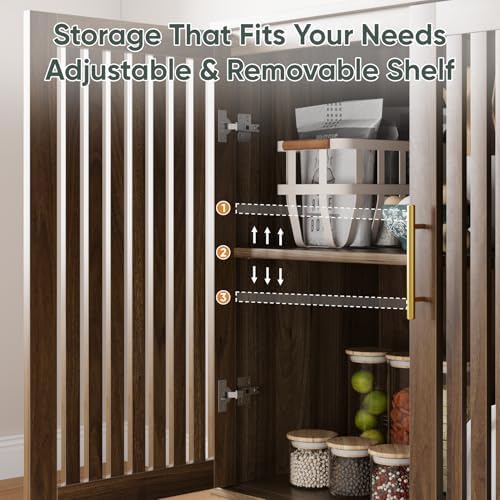 Smart FENDEE 63" Long Sideboard Buffet with 4 Slatted Doors, Farmhouse Buffet Storage Cabinet with Adjustable Shelf, Coffee Bar Cabinet for Entryway, Kitchen, Dining Room, Living Room, Walnut Color - Image 4