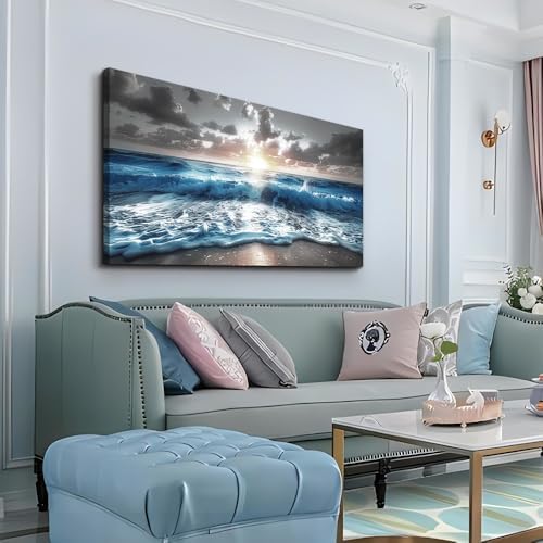 hyidecorart Blue Sea Waves Wall Pictures Framed Wall Art For Living Room Canvas Wall Decor For Office Sunshine Beach Painting Bedroom Home Decorations Prints Posters Mural Artwork Ready To Hang - Image 2