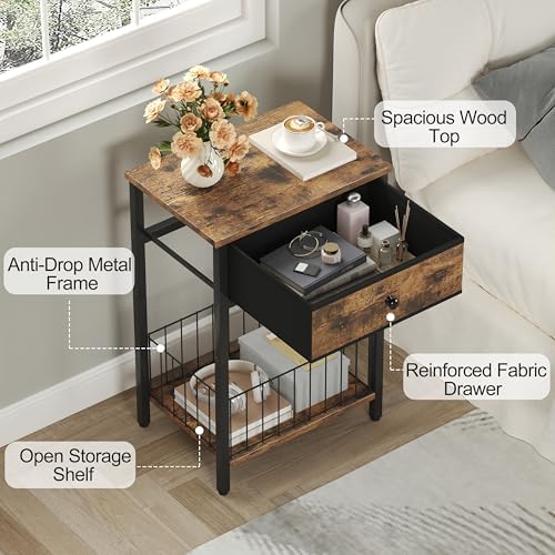 Night Stand Set 2, Night Stand with Drawers, Industrial nightstand, Nightstand with Fabric Bins, Bedside Table End Table for Bedroom, Closet, Entryway, College Dorm, Rustic Brown LNT0061BR2 - Image 4