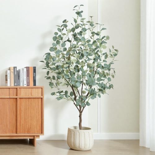 5FT Artificial Eucalyptus Tree Indoor, Faux Eucalyptus Tree with 477 Silk Leaves, Tall Fake Tree - Artificial Tree Indoor for Living Room Office Bedroom Home Decor - Image 5